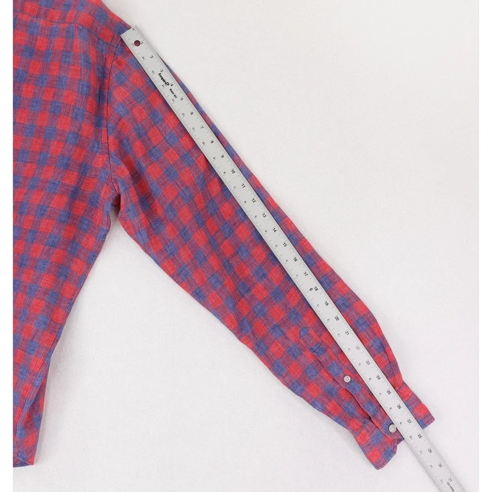 Culturata Shirt Mens XL Red Blue Check Linen Button Up Long Sleeve Made in Italy